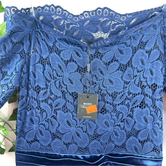 NWT Miusol Womens Lace Bodice Satin Ruched Mermaid Evening Dress Navy Blue Large - Picture 7 of 12